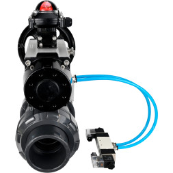 Кран шаровой BV4242E-FP-GRM-ISO Дн20 Ру10 полнопроходной, корпус - НПВХ, шар - НПВХ, уплотнение - EPDM, с пневмоприводом PA-DA-105-1, пневмораспределителем 4V320-10 AC220V и БКВ APL-210N