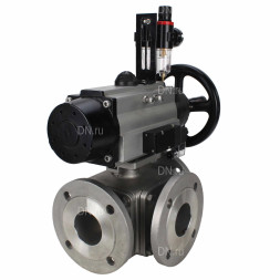 Кран шаровой BV3232P(4pc)-FP-3WL-F Ду100 Ру16 полнопроходной трехходовой, фланцевый, корпус - нержавеющая сталь SS316, с пневмоприводом PA-DA-105-1 двойного действия, пневмораспределителем 4M310-08 DC24V и БПВ AFC2000