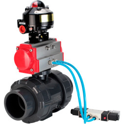 Кран шаровой BV4242E-FP-GRM-ISO Дн32 Ру10 полнопроходной, корпус - НПВХ, шар - НПВХ, уплотнение - EPDM, с пневмоприводом PA-SA-052, пневмораспределителем 4V320-10 AC220V и БКВ APL-510N EX