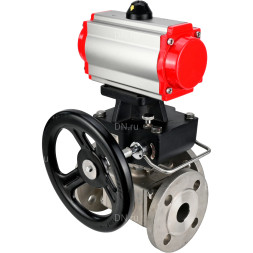 Кран шаровой BV3232P(4pc)-FP-3WL-F Ду100 Ру16 полнопроходной трехходовой, фланцевый, корпус - нержавеющая сталь SS316, с пневмоприводом PA-DA-105 двойного действия, пневмораспределителем 4M310-08 DC24V и ручным дублером MON3-700-T38-ISO