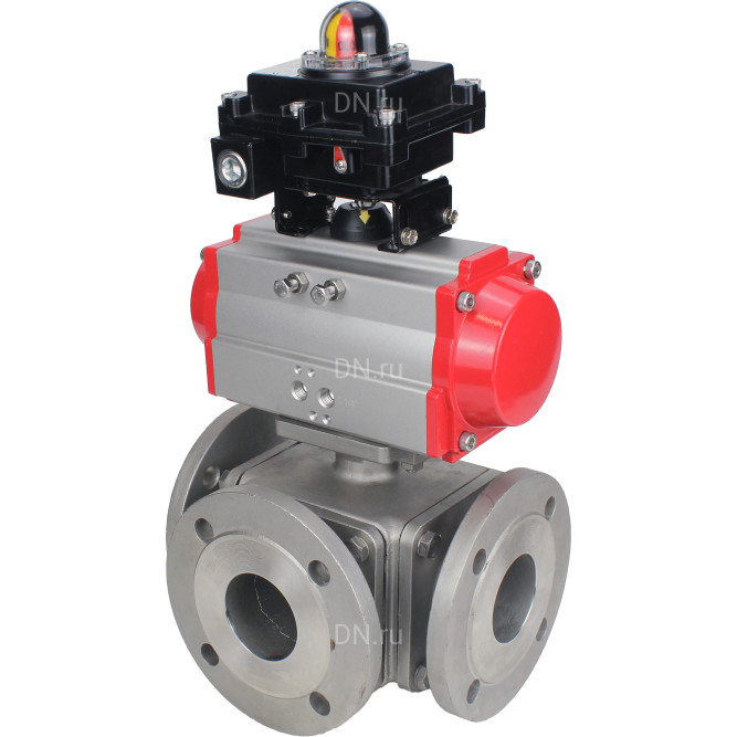 Кран шаровой BV3232P(4pc)-FP-3WL-F Ду15 Ру16 полнопроходной трехходовой, фланцевый, корпус - нержавеющая сталь SS316, с пневмоприводом PA-SA-052 с возвратными пружинами и БКВ APL-410N EX в Уфе