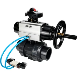 Кран шаровой BV4242E-FP-GRM-ISO Дн40 Ру10 полнопроходной, корпус - НПВХ, шар - НПВХ, уплотнение - EPDM, с пневмоприводом PA-DA-105-1, пневмораспределителем 4V320-10 AC220V и БКВ APL-210N