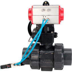 Кран шаровой BV4242E-FP-GRM-ISO Дн80 Ру10 полнопроходной, корпус - НПВХ, шар - НПВХ, уплотнение - EPDM, с пневмоприводом PA-DA-065, пневмораспределителем 4V320-08 AC220V и ручным дублером MON1-250-T26-ISO