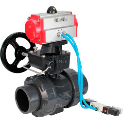 Кран шаровой BV4242E-FP-GRM-ISO Дн80 Ру10 полнопроходной, корпус - НПВХ, шар - НПВХ, уплотнение - EPDM, с пневмоприводом PA-DA-065, пневмораспределителем 4V320-08 AC220V и ручным дублером MON1-250-T26-ISO