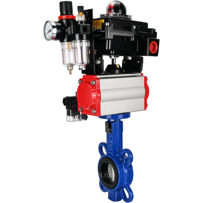 Затвор дисковый поворотный WBV1432N-2W-Fb-H Ду100 Ру16, корпус - чугун GGG50, диск - нержавеющая сталь 316L, уплотнение - NBR, с пневмоприводом PA-DA-083, пневмораспределителем 4M310-08 AC220V, БКВ APL-410N EX и БПВ AFC2000 в Уфе