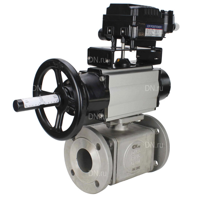 Кран шаровой BV3232P(4pc)-FP-3WL-F Ду100 Ру16 полнопроходной трехходовой, фланцевый, корпус - нержавеющая сталь SS316, с пневмоприводом PA-DA-105-1 двойного действия и пневмопозиционером YT-1000RSN без обратной связи в Уфе