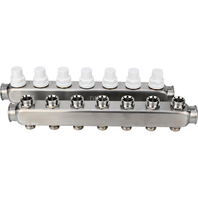 Коллекторная группа GC3-31-7 1″ Ду25 Ру10 отводов — 7, в сборе с терморегулирующими клапанами и запорно-балансировочными клапанами, без переходников, корпус - нержавеющая сталь AISI 304 в Уфе