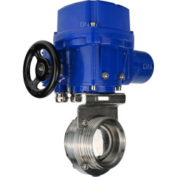Затвор дисковый поворотный WBV3131E-2W-T-H Ду15 Ру10 резьбовой, корпус - пищевая нержавеющая сталь 304, уплотнение - EPDM, с электроприводом QT-N-005M-O2-220VAC-У1 с моментной муфтой и штурвалом