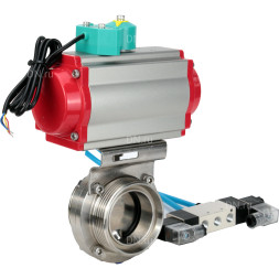 Затвор дисковый поворотный WBV3131S-2W-T-H Ду15 Ру10 резьбовой, пищевая нержавеющая сталь 304, уплотнение - Silicon, с пневмоприводом PA-DA-052, пневмораспределителем 4V320-10 AC220V и магнитным переключателем ALS200D