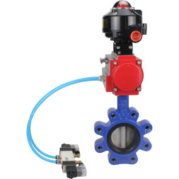 Затвор дисковый поворотный WBV1631N-2W-Fb-H Ду65 Ру16 LUG корпус - чугун QT450, диск - нержавеющая сталь 304, уплотнение - NBR, с пневмоприводом PA-DA-065, пневмораспределителем 4V320-08 AC220V и БКВ APL-510N EX