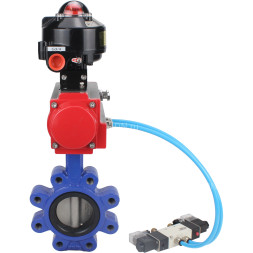 Затвор дисковый поворотный WBV1631N-2W-Fb-H Ду65 Ру16 LUG корпус - чугун QT450, диск - нержавеющая сталь 304, уплотнение - NBR, с пневмоприводом PA-DA-065, пневмораспределителем 4V320-08 AC220V и БКВ APL-510N EX