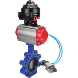 Затвор дисковый поворотный WBV1631N-2W-Fb-H Ду65 Ру16 LUG корпус - чугун QT450, диск - нержавеющая сталь 304, уплотнение - NBR, с пневмоприводом PA-DA-065, пневмораспределителем 4V320-08 AC220V и БКВ APL-510N EX