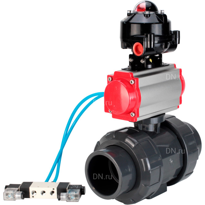 Кран шаровой BV4242E-FP-GRM-ISO Дн100 Ру10 полнопроходной, корпус - НПВХ, шар - НПВХ, уплотнение - EPDM, с пневмоприводом PA-SA-083, пневмораспределителем 4V320-10 AC220V и БКВ APL-510N EX в Уфе