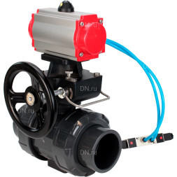 Кран шаровой BV4242E-FP-GRM-ISO Дн32 Ру10 полнопроходной, корпус - НПВХ, шар - НПВХ, уплотнение - EPDM, с пневмоприводом PA-DA-052, пневмораспределителем 4V320-10 AC220V и ручным дублером MON1-250-T26-ISO