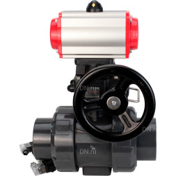 Кран шаровой BV4242E-FP-GRM-ISO Дн32 Ру10 полнопроходной, корпус - НПВХ, шар - НПВХ, уплотнение - EPDM, с пневмоприводом PA-DA-052, пневмораспределителем 4V320-10 AC220V и ручным дублером MON1-250-T26-ISO