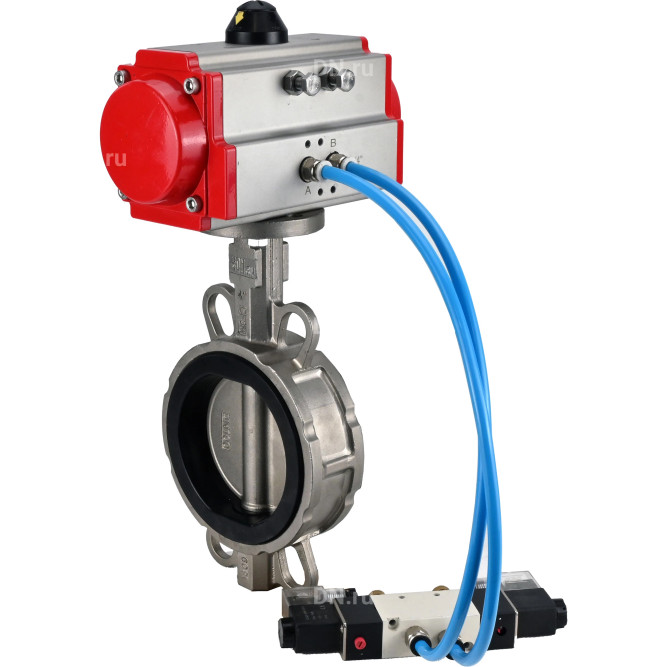 Затвор дисковый поворотный WBV3232N-2W-Fb-H Ду125 Ру16, корпус - нержавеющая сталь 316L, диск - нержавеющая сталь 316L, уплотнение - NBR, с пневмоприводом PA-DA-105 и пневмораспределителем 4V320-10 AC220V в Уфе