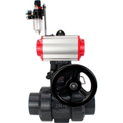 Кран шаровой BV4242E-FP-GRM-ISO Дн20 Ру10 полнопроходной, корпус - НПВХ, шар - НПВХ, уплотнение - EPDM, с пневмоприводом PA-DA-052, пневмораспределителем 4V320-08 AC220V, ручным дублером MON1-250-T26-ISO и БПВ AFC2000