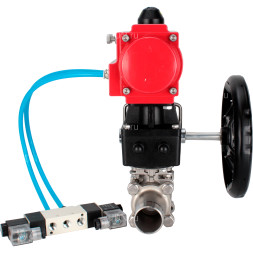 Кран шаровой BV3131P(3pc)-FP-W-ISO-H LONG Ду125 Ру16 полнопроходной, корпус - нержавеющая сталь 304, уплотнение - PTFE, под приварку, с пневмоприводом PA-DA-130, пневмораспределителем 4V320-10 AC220V и редуктором MON3-700-T38-ISO