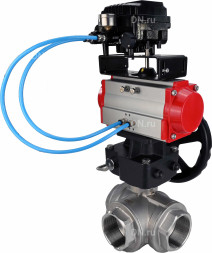 Кран шаровой BV3232P(4pc)-SP-3WL-T-ISO-H Ду20 Ру63 стандартнопроходной, внутренняя резьба, нерж. сталь SS316 SS316, L-типа, с пн.приводом PA-DA-065, ручным дублером MON1-250-T26-ISO и электропневматич. позиционером YT-1000RSN с обратной связью