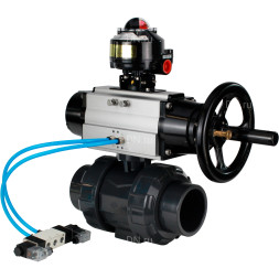 Кран шаровой BV4242E-FP-GRM-ISO Дн40 Ру10 полнопроходной, корпус - НПВХ, шар - НПВХ, уплотнение - EPDM, с пневмоприводом PA-DA-105-1, пневмораспределителем 4V320-10 AC220V и БКВ APL-510N EX