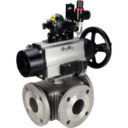 Кран шаровой BV3232P(4pc)-FP-3WL-F Ду100 Ру16 полнопроходной трехходовой, фланцевый, корпус - нержавеющая сталь SS316, с пневмоприводом PA-DA-105-1, пневмораспределителем 4M310-08 DC24V, БКВ APL-210N и БПВ AFC2000