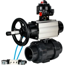 Кран шаровой BV4242E-FP-GRM-ISO Дн65 Ру10 полнопроходной, корпус - НПВХ, шар - НПВХ, уплотнение - EPDM, с пневмоприводом PA-DA-105-1, пневмораспределителем 4V320-10 AC220V и БКВ APL-510N EX