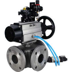 Кран шаровой BV3232P(4pc)-FP-3WL-F Ду100 Ру16 полнопроходной трехходовой, фланцевый, корпус - нержавеющая сталь SS316, с пневмоприводом PA-DA-105-1, пневмораспределителем 4V320-10 AC220V, БКВ APL-210N и БПВ AFC2000
