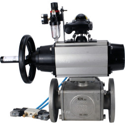 Кран шаровой BV3232P(4pc)-FP-3WL-F Ду100 Ру16 полнопроходной трехходовой, фланцевый, корпус - нержавеющая сталь SS316, с пневмоприводом PA-DA-105-1, пневмораспределителем 4V320-10 AC220V, БКВ APL-210N и БПВ AFC2000