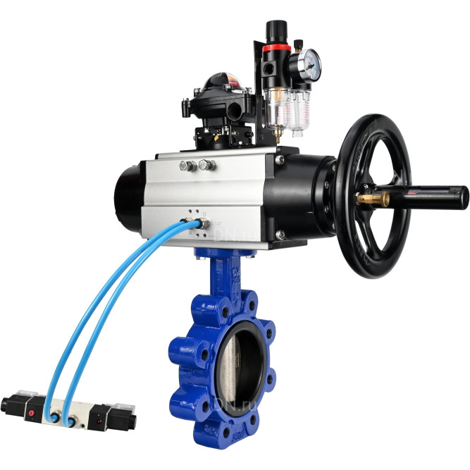 Затвор дисковый поворотный WBV1616N-2W-Fb-H Ду125 Ру16 LUG корпус - чугун QT450, диск - чугун QT450, уплотнение - NBR, с пневмоприводом PA-DA-105-1, пневмораспределителем 4V320-08 AC220V, БКВ APL-210N и БПВ AFC2000 в Уфе