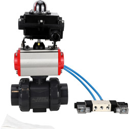 Кран шаровой BV4242E-FP-GRM-ISO Дн65 Ру10 полнопроходной, корпус - НПВХ, шар - НПВХ, уплотнение - EPDM, с пневмоприводом PA-DA-065, пневмораспределителем 4V320-08 AC220V и БКВ APL-410N EX