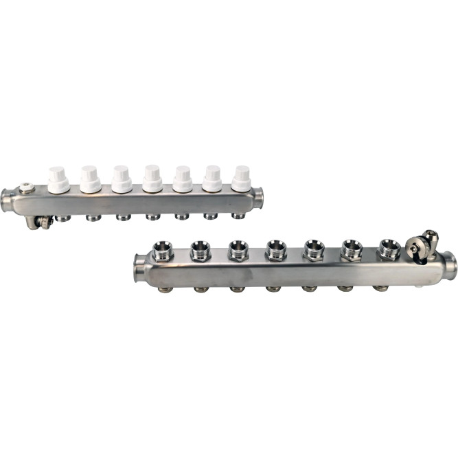 Коллекторная группа GC4-31-7 1″ Ду25 Ру10 отводов — 7, в сборе с терморегулирующими клапанами и запорно-балансировочными клапанами, дренажным краном и воздухоотводчиком, с заглушками, без переходников, корпус - нержавеющая сталь AISI 304 в Уфе