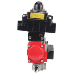 Кран шаровой BV3232P(4pc)-SP-3WL-T-ISO-H Ду32 Ру63 стандартнопроходной трехходовой L-тип, нержавеющая сталь SS316, внутренняя резьба, PTFE, пн.приводом PA-SA-065, пн.распределителем 4M310-08 DC24V и БКВ APL-410N EX