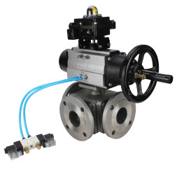 Кран шаровой BV3232P(4pc)-FP-3WL-F Ду100 Ру16 полнопроходной трехходовой, фланцевый, корпус - нержавеющая сталь SS316, с пневмоприводом PA-DA-105-1 двойного действия, пневмораспределителем 4V320-08 AC220V и БКВ APL-410N EX
