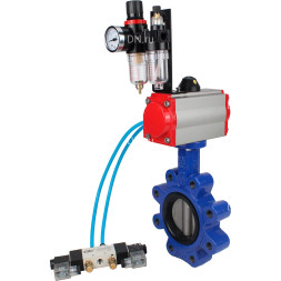 Затвор дисковый поворотный WBV1631N-2W-Fb-H Ду125 Ру16 LUG, корпус - чугун QT450, диск - нержавеющая сталь 304, уплотнение - NBR, с пневмоприводом PA-SA-140, пневмораспределителем 4M320-08 AC220V и БПВ AFC2000