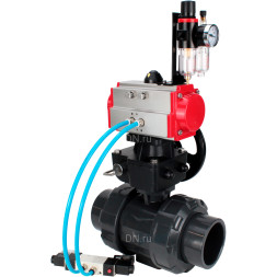 Кран шаровой BV4242E-FP-GRM-ISO Дн15 Ру10 полнопроходной, корпус - НПВХ, шар - НПВХ, уплотнение - EPDM, с пневмоприводом PA-DA-052, пневмораспределителем 4V320-10 AC220V, ручным дублером MON1-250-T26-ISO и БПВ AFC2000