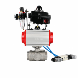 Кран шаровой BV3232P(4pc)-SP-3WL-T-ISO-H WDVF Ду65 Ру40 стандартнопроходной, 3-ходовой L-тип, внутренняя резьба, нержавеющая сталь AISI 316, PTFE, с пневмоприводом PA-DA-105, пневмораспределителем 4V320-10 AC220V, БКВ APL-410N EX и БПВ AFC2000