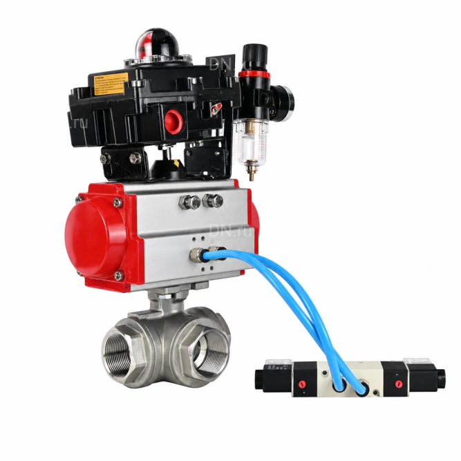 Кран шаровой BV3232P(4pc)-SP-3WL-T-ISO-H WDVF Ду65 Ру40 стандартнопроходной, 3-ходовой L-тип, внутренняя резьба, нержавеющая сталь AISI 316, PTFE, с пневмоприводом PA-DA-105, пневмораспределителем 4V320-10 AC220V, БКВ APL-410N EX и БПВ AFC2000 в Уфе