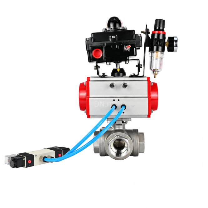 Кран шаровой BV3232P(4pc)-SP-3WL-T-ISO-H WDVF Ду65 Ру40 стандартнопроходной, 3-ходовой L-тип, внутренняя резьба, нержавеющая сталь AISI 316, PTFE, с пневмоприводом PA-DA-105, пневмораспределителем 4V320-10 AC220V, БКВ APL-410N EX и БПВ AFC2000 в Уфе