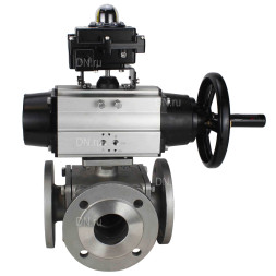 Кран шаровой BV3232P(4pc)-FP-3WL-F Ду100 Ру16 полнопроходной трехходовой, фланцевый, корпус - нержавеющая сталь SS316, с пневмоприводом PA-DA-105-1 двойного действия и БКВ APL-410N EX