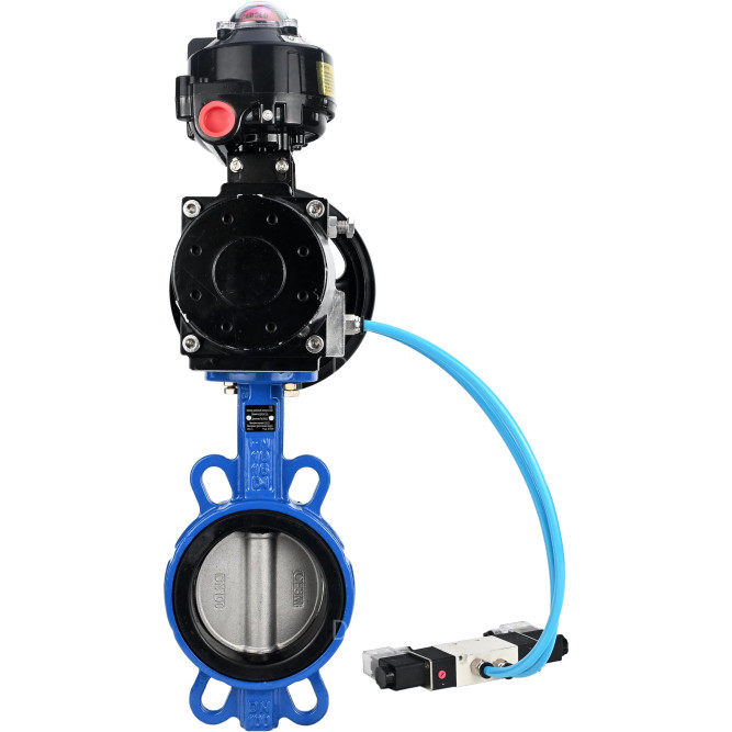 Затвор дисковый поворотный WBV1132N-2W-Fb-H Ду150 Ру16, корпус - чугун GG25, диск - нержавеющая сталь 316L, уплотнение - NBR, с пневмоприводом PA-DA-105-1 двойного действия, с пневмораспределителем 4V320-08 AC220V, с БКВ APL-510N-EX в Уфе