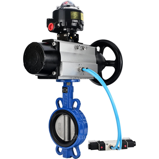 Затвор дисковый поворотный WBV1132N-2W-Fb-H Ду150 Ру16, корпус - чугун GG25, диск - нержавеющая сталь 316L, уплотнение - NBR, с пневмоприводом PA-DA-105-1 двойного действия, с пневмораспределителем 4V320-08 AC220V, с БКВ APL-510N-EX в Уфе