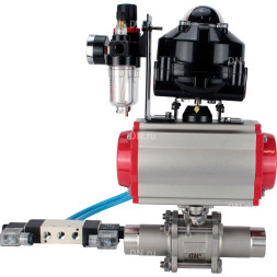 Кран шаровой BV3131P(3pc)-FP-W-ISO-H LONG Ду32 Ру40 полнопроходной, корпус - нержавеющая сталь 304, уплотнение - PTFE, под приварку, с пневмоприводом PA-DA-052, пневмораспределителем 4V320-10 AC220V, БКВ APL-510N EX и БПВ AFC2000