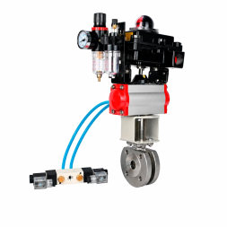 Кран шаровой BV3232P-FP-Fb-ISO-H Ду25 Ру16, межфланцевый, полнопроходной, корпус - нержавеющая сталь 316, PTFE, с пневмоприводом PA-SA-052 с возвратными пружинами, пневмораспределителем 4V320-08 AC220V, с БКВ APL-410N Ex, с БПВ AFC2000