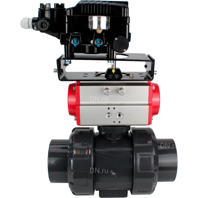 Кран шаровой BV4242E-FP-GRM-ISO Дн40 Ру10 полнопроходной, корпус - НПВХ, шар - НПВХ, уплотнение - EPDM, с пневмоприводом PA-SA-065 и пневмопозиционером YT-1000RSN с обратной связью в Уфе