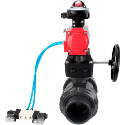 Кран шаровой BV4242E-FP-GRM-ISO Дн80 Ру10 полнопроходной, корпус - НПВХ, шар - НПВХ, уплотнение - EPDM, с пневмоприводом PA-DA-065, пневмораспределителем 4V320-08 AC220V, ручным дублером MON1-250-T26-ISO и БКВ APL-210N