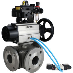 Кран шаровой BV3232P(4pc)-FP-3WL-F Ду100 Ру16 полнопроходной трехходовой, фланцевый, корпус - нержавеющая сталь SS316, с пневмоприводом PA-DA-105-1, пневмораспределителем 4V320-08 AC220V, БКВ APL-410N EX и БПВ AFC2000