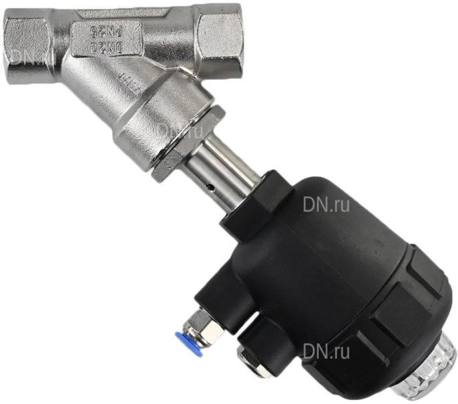 Клапан отсечной пневматический VSP3241P-T-1PNC Ду20 Ру25, корпус - нержавеющая сталь SS316, резьбовой, Y-образный, корпус привода - пластик в Уфе