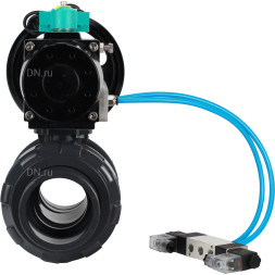 Кран шаровой BV4242E-FP-GRM-ISO Дн40 Ру10 полнопроходной, корпус - НПВХ, шар - НПВХ, уплотнение - EPDM, с пневмоприводом PA-DA-105-1, пневмораспределителем 4V320-08 AC220V и магнитным переключателем ALS200D