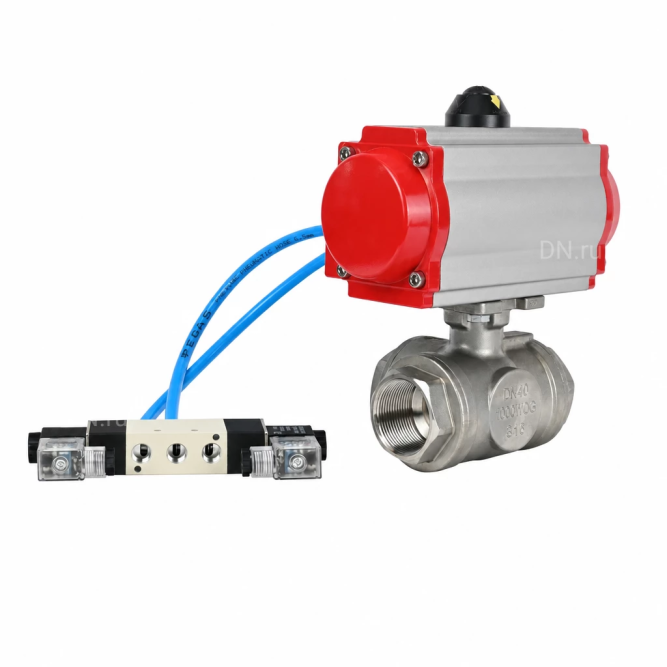 Кран шаровой BV3232P(4pc)-SP-3WL-T-ISO-H WDVF Ду40 Ру63 стандартнопроходной, 3-ходовой L-тип, внутренняя резьба, корпус - нержавеющая сталь AISI 316, уплотнение - PTFE, с пневмоприводом PA-DA-083 и пневмораспределителем 4V320-10 AC220V в Уфе