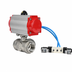 Кран шаровой BV3232P(4pc)-SP-3WL-T-ISO-H WDVF Ду40 Ру63 стандартнопроходной, 3-ходовой L-тип, внутренняя резьба, корпус - нержавеющая сталь AISI 316, уплотнение - PTFE, с пневмоприводом PA-DA-083 и пневмораспределителем 4V320-10 AC220V